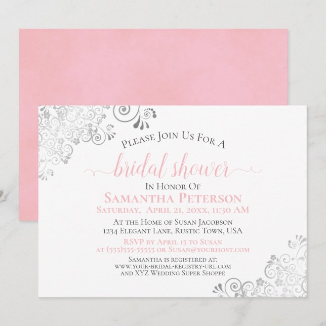 Elegant Blush Pink Silver Lace White Bridal Shower Invitation (Front/Back)