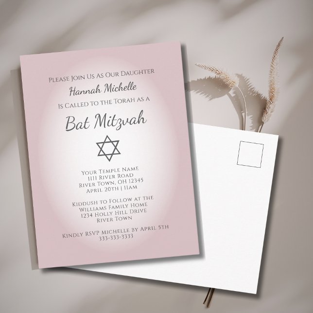 Elegant Blush Pink Simple Feminine Bat Mitzvah  Invitation Postcard (Creator Uploaded)