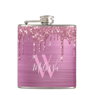 Elegant Blush Pink Sparkle Glitter Drips Monogram Hip Flask