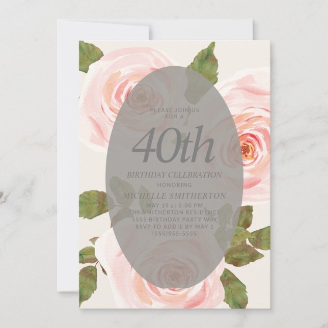 Elegant Blush Pink Springtime Floral 40th Birthday Invitation (Front)