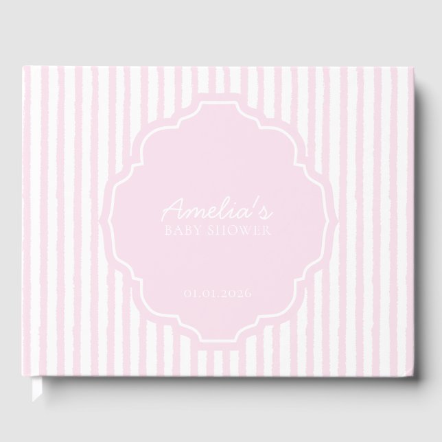 Elegant Blush Pink Striped Girl Baby Shower Guest Book (Front)