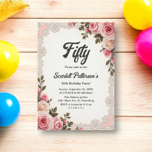 Elegant Blush Pink Summer Floral 50th Birthday Invitation