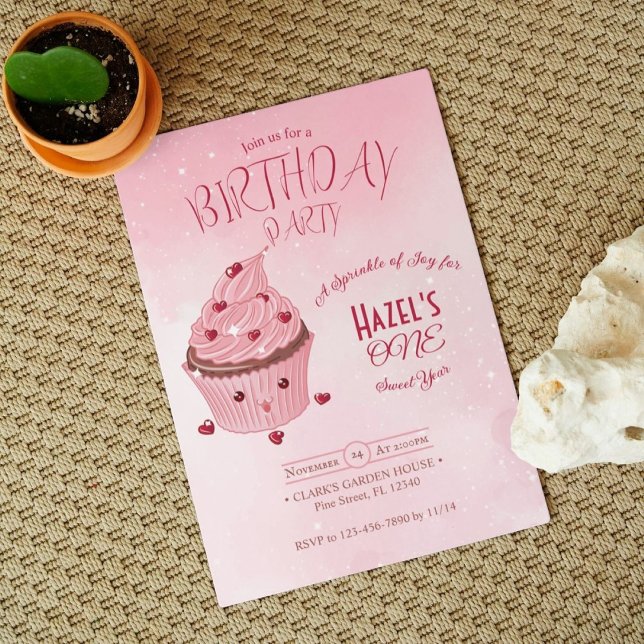 Elegant Blush Pink Sweet Cupcake Birthday Party Invitation (Creator Uploaded)