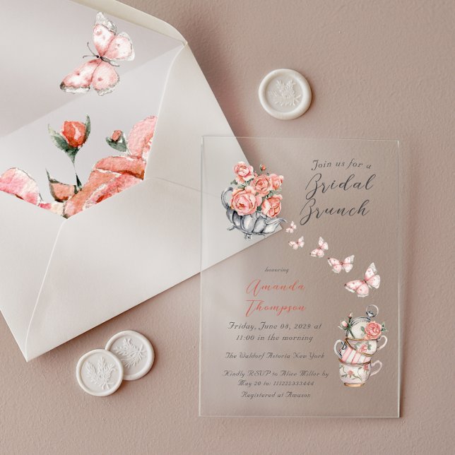 Elegant Blush Pink Tea Brunch Floral Bridal Shower Acrylic Invitations (Creator Uploaded)