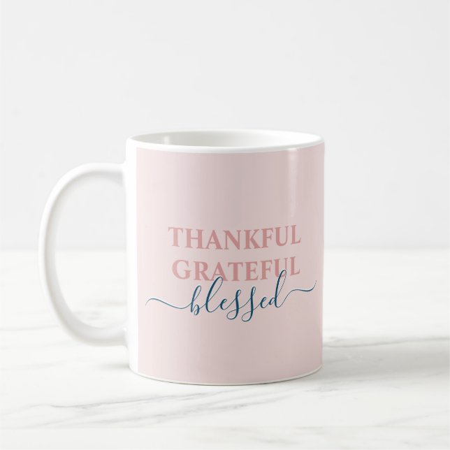 Elegant blush pink thankful grateful blessed coffee mug (Left)