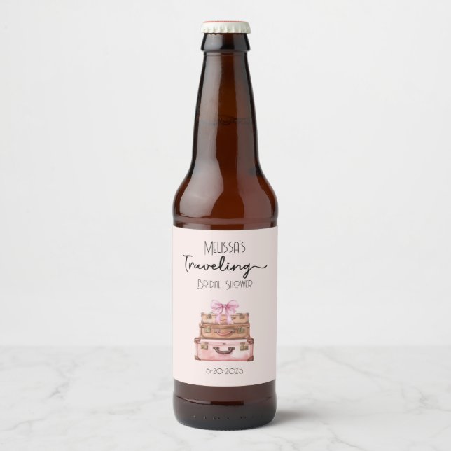 Elegant Blush Pink Travel Adventure Bridal Shower Beer Bottle Label (Front)