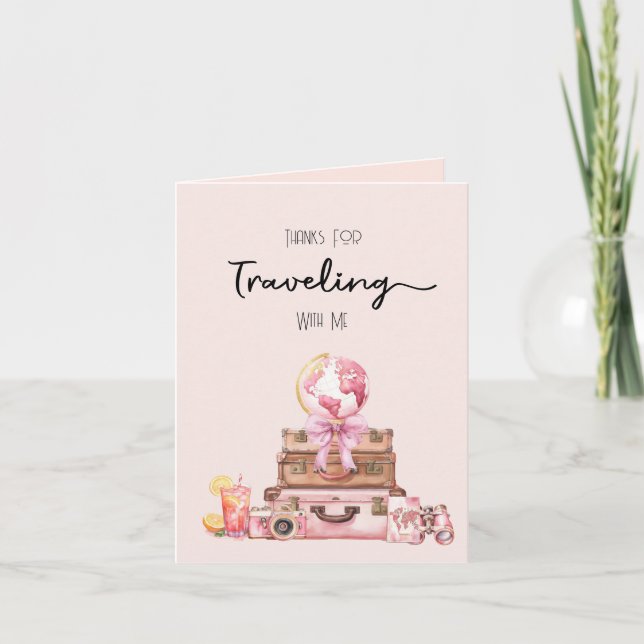 Elegant Blush Pink Travelling Bridal Shower Thank You Card (Front)