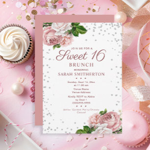 Elegant Blush Pink Vintage Floral Sweet 16 Brunch Invitation