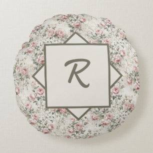 Elegant Blush Pink Vintage Monogram Floral Round Cushion