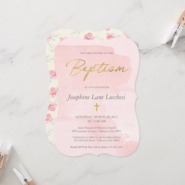 Elegant Blush Pink Watercolor and Gold Baptism Inv Invitation (Front/Back In Situ)