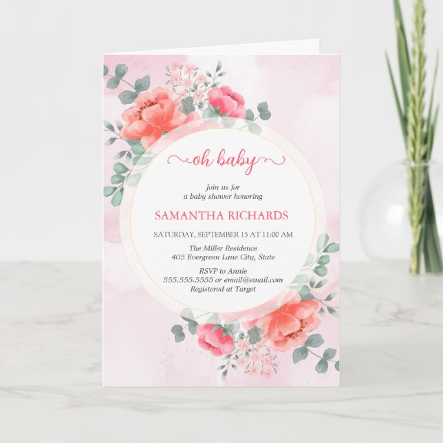 Elegant blush pink watercolor baby shower  invitation (Front)