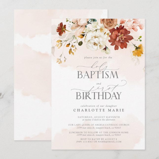 Elegant Blush Pink Watercolor Baptism 1st Birthday Invitation (Front/Back)