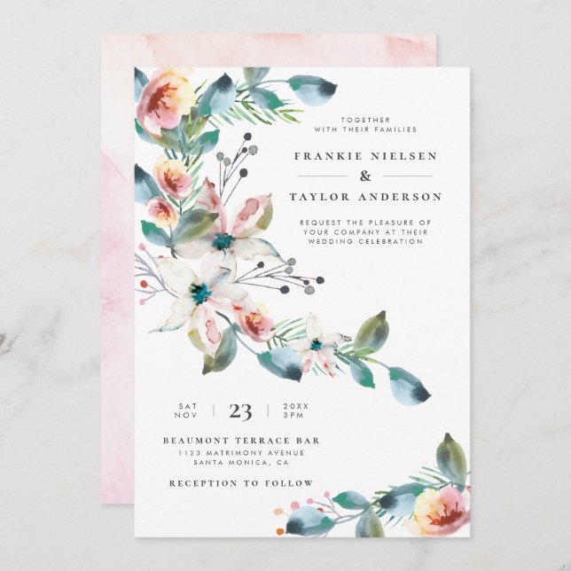 Elegant Blush Pink Watercolor Botanical Wedding Invitation (Front/Back)