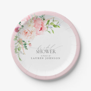 Elegant Blush Pink Watercolor Floral Bridal Shower Paper Plate
