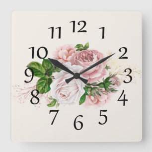 Elegant Blush Pink Watercolor Floral Cream Square Wall Clock