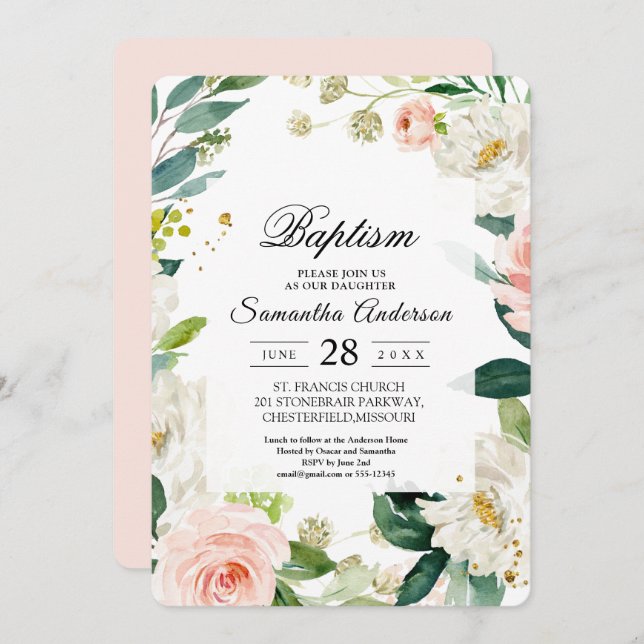 Elegant Blush Pink Watercolor Floral Frame Invitation (Front/Back)