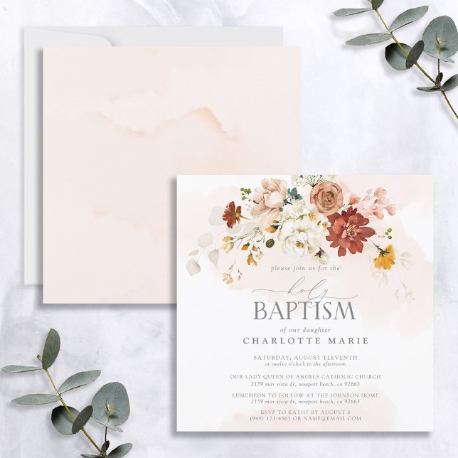 Elegant Blush Pink Watercolor Floral Girl Baptism Invitation (Creator Uploaded)