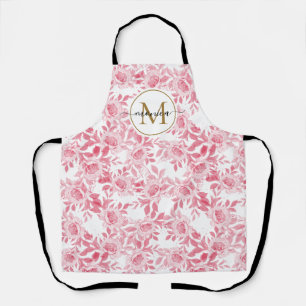 Elegant Blush Pink Watercolor Floral Gold Monogram Apron