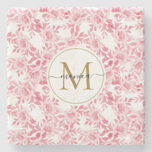 Elegant Blush Pink Watercolor Floral Gold Monogram Stone Coaster
