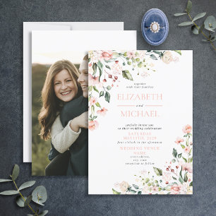 Elegant Blush Pink Watercolor Floral Photo Invitation