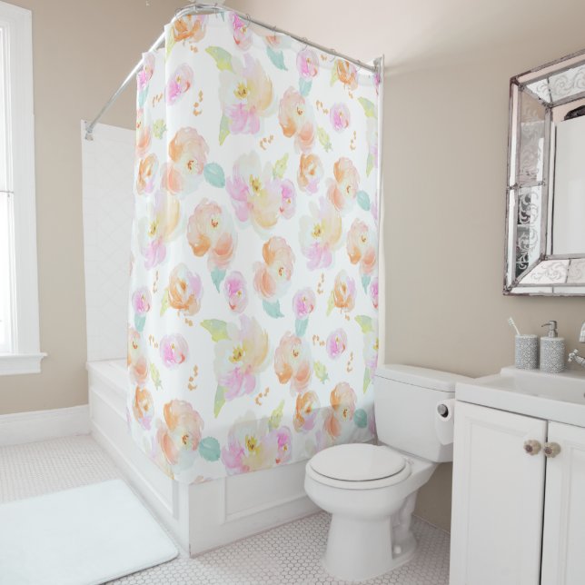 Elegant blush pink watercolor floral shower curtain (In Situ)