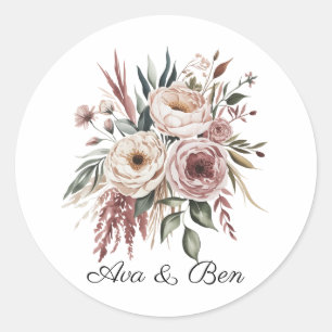Elegant Blush Pink Watercolor Floral Wedding Classic Round Sticker