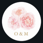 Elegant blush pink watercolor floral wedding classic round sticker<br><div class="desc">Modern blush pink watercolor floral and couple monograms,  elegant and stylish,  great for formal floral wedding,  spring garden wedding and summer beach wedding. 
See all the matching pieces in collection</div>