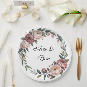 Elegant Blush Pink Watercolor Floral Wedding Paper Plate