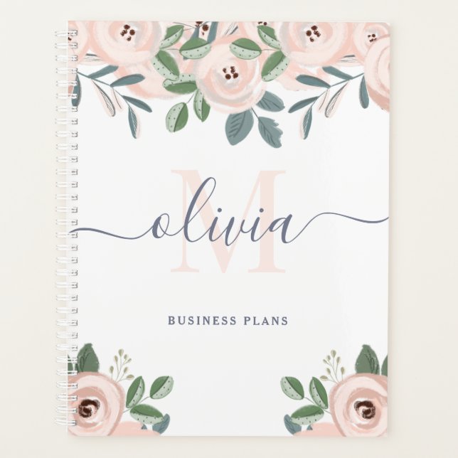 Elegant Blush Pink Watercolor Flowers | Monogram Planner (Front)