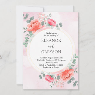 Elegant blush pink watercolor flowers wedding invitation