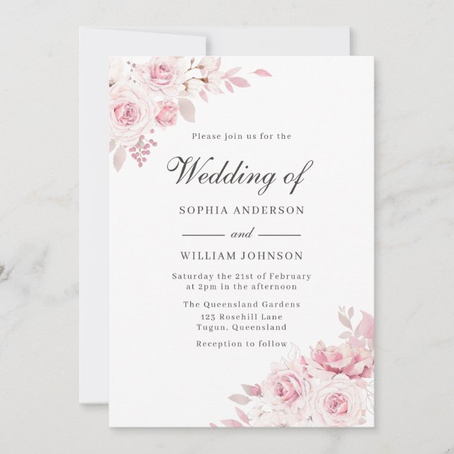 Elegant Blush Pink Watercolor Flowers Wedding Invitation (Front)