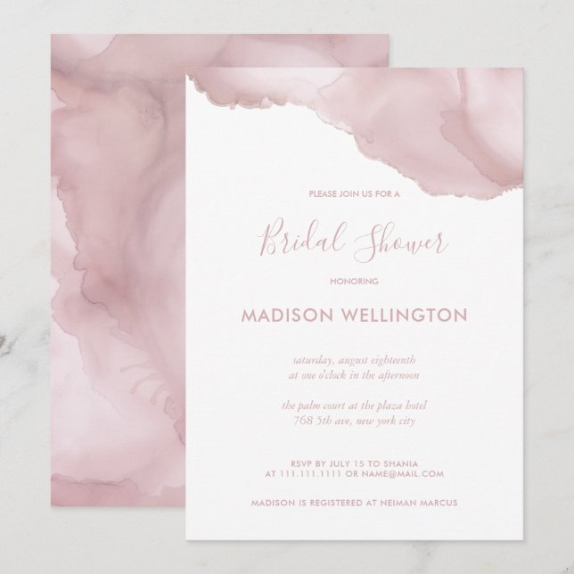 Elegant Blush Pink Watercolor Ink Bridal Shower Invitation (Front/Back)