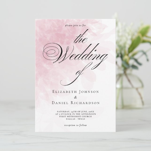 Elegant Blush Pink Watercolor Wedding Invitation (Standing Front)