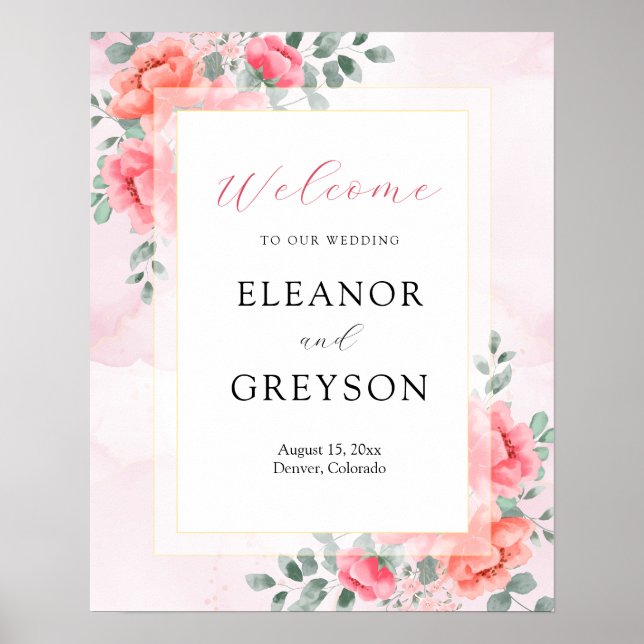 Elegant blush pink watercolor wedding welcome  poster (Front)