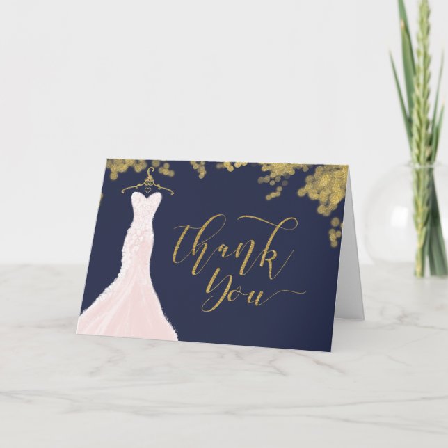 Elegant Blush Pink Wedding Dress Navy & Gold Thank You Card (Front)