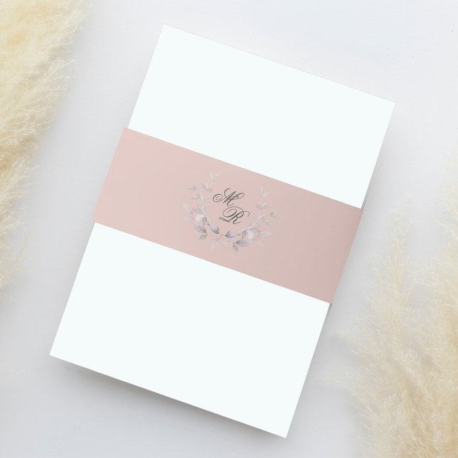 Elegant Blush Pink Wedding Monogram Invitation Belly Band (Blush pink monogram laurel leaf monogram.)