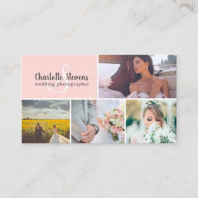 Elegant blush pink wedding photographer collage business card (Front)