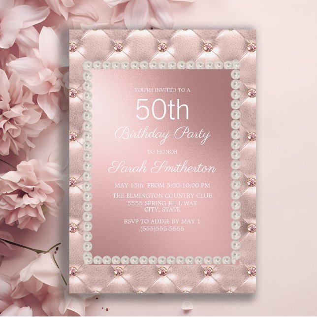Elegant Blush Pink White 50th Birthday Party Invitation (Elegant pink tufted 50th birthday party invitation for women.)