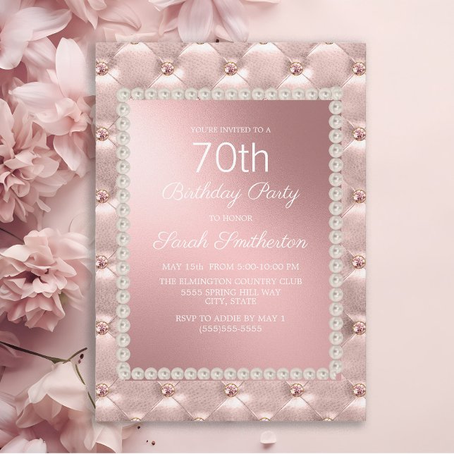 Elegant Blush Pink White 70th Birthday Party Invitation (Elegant pink tufted women's 70th birthday party invitation)