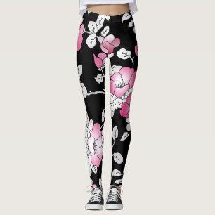 Elegant Blush Pink White Black Floral Leggings