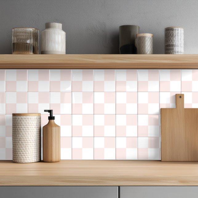 Elegant Blush Pink White Chequered Ceramic Tile (Creator Uploaded)