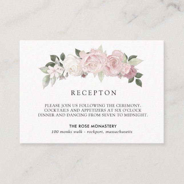Elegant Blush Pink White Floral Wedding Reception Enclosure Card (Front)
