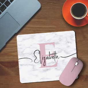 Elegant Blush Pink White Marble Simple Monogrammed Mouse Mat