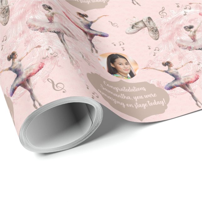 Elegant Blush Pink White Name Text Photo Ballerina Wrapping Paper (Roll Corner)