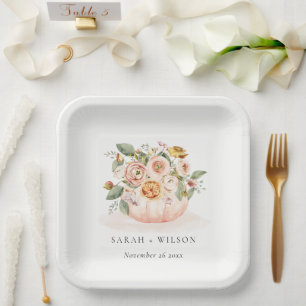 Elegant Blush Pink White Pumpkin Floral Wedding Paper Plate