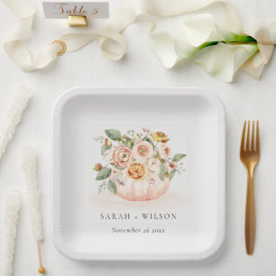 Elegant Blush Pink White Pumpkin Floral Wedding Paper Plate