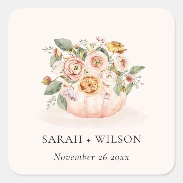 Elegant Blush Pink White Pumpkin Floral Wedding Square Sticker (Front)