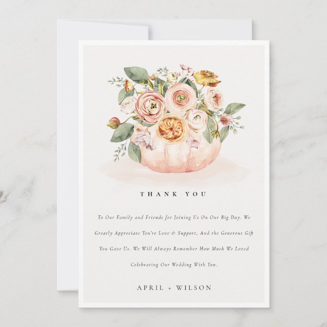 Elegant Blush Pink White Pumpkin Floral Wedding Thank You Card (Front)