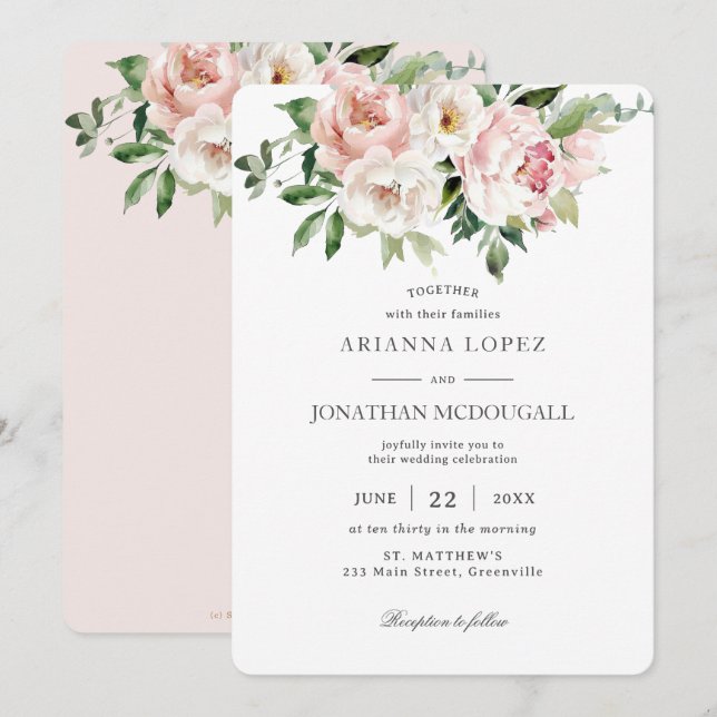 Elegant Blush Pink White Roses Floral Wedding Invitation (Front/Back)