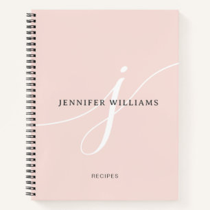 Elegant Blush Pink White Script Monogram Recipe Notebook